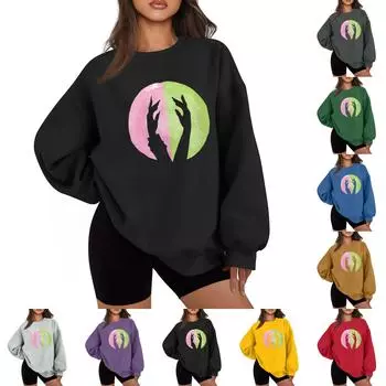 Женская повседневная модная толстовка с длинным рукавом и рождественским принтом с круглым вырезом L чёрный