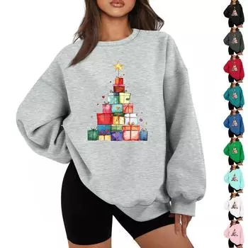 Женская повседневная модная толстовка с длинным рукавом и рождественским принтом с круглым вырезом XXL чёрный