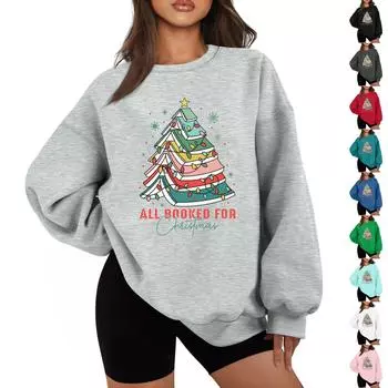 Женская повседневная модная толстовка с длинным рукавом и рождественским принтом с круглым вырезом L чёрный