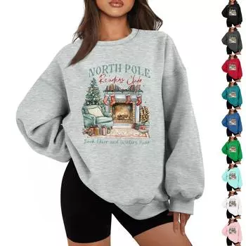 Женская повседневная модная толстовка с длинным рукавом и рождественским принтом с круглым вырезом L чёрный