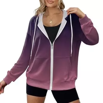 Женская повседневная модная толстовка с капюшоном, длинным рукавом, молнией, градиентной полоской и принтом L фиолетовый