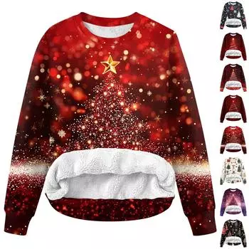 Женская повседневная модная толстовка с круглым вырезом и зимним рождественским принтом из плюша XXXL