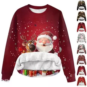 Женская повседневная модная толстовка с круглым вырезом и зимним рождественским принтом из плюша XXXL красный
