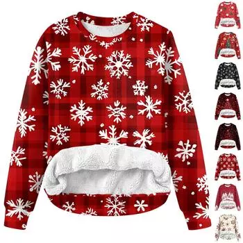 Женская повседневная модная толстовка с круглым вырезом и зимним рождественским принтом из плюша M винный