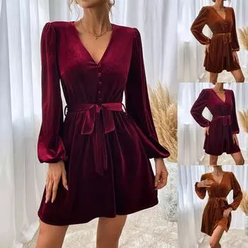 Женская повседневная модная трапециевидная юбка с v-образным вырезом на талии и длинными рукавами, бархатное сексуальное банкетное платье L оранжевый