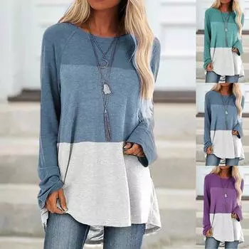 Женская повседневная модная туника с длинными рукавами и круглым вырезом, футболки, повседневная свободная блузка L темно-синий