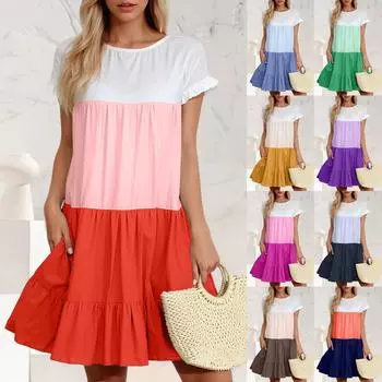 Женская повседневная модная юбка с круглым вырезом и коротким рукавом, однотонная, с плетением L синий