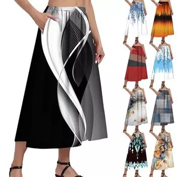 Женская повседневная модная юбка с принтом, эластичная свободная плиссированная юбка до середины тела с карманами (С боковым карманом) L чёрный