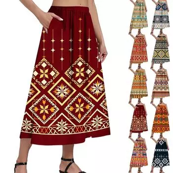 Женская повседневная модная юбка с принтом, эластичная свободная плиссированная юбка до середины тела с карманами (С боковым карманом) L синий