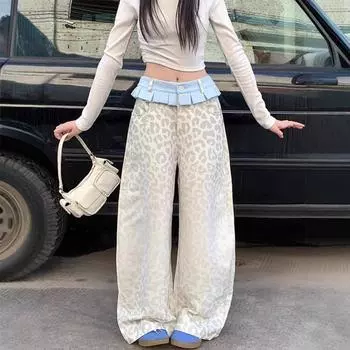 Женская повседневная модная юбка с принтом леопарда и вареным эффектом, с джинсовыми прямыми брюками в технике пэчворк L