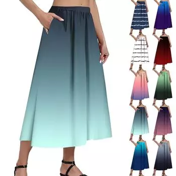 Женская повседневная модная юбка с принтом в полоску и градиентом, эластичная свободная плиссированная юбка до середины тела с карманами (С боковым карманом) L синий