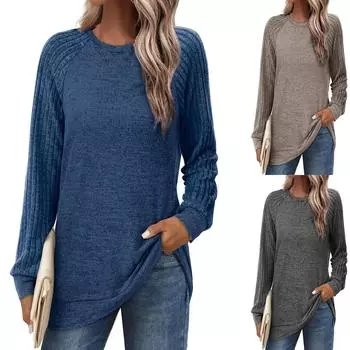 Женская повседневная модная удобная футболка для отдыха с круглым вырезом и длинными рукавами L чёрный