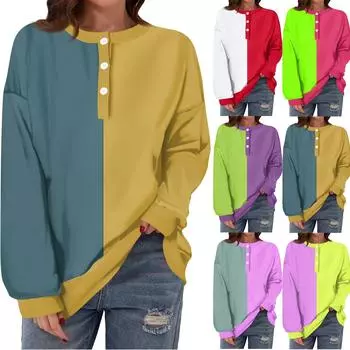 Женская повседневная модная удобная футболка с длинным рукавом и круглым вырезом на пуговицах, свободный подол с боковыми разрезами L