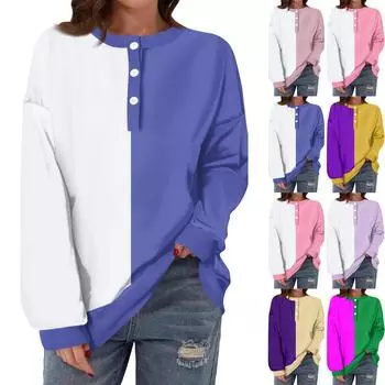 Женская повседневная модная удобная футболка с длинным рукавом и круглым вырезом на пуговицах, свободный подол с боковыми разрезами XXXL