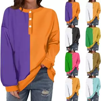 Женская повседневная модная удобная футболка с длинным рукавом и круглым вырезом на пуговицах, свободный подол с боковыми разрезами XXL
