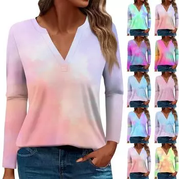 Женская повседневная модная удобная футболка с длинными рукавами и v-образным вырезом с градиентным принтом для отдыха, топы L зелёный