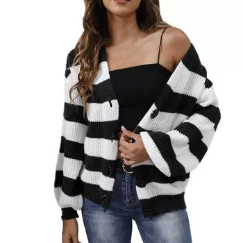 Женская повседневная модная удобная новая контрастная полосатая тканая куртка-свитер с пуговицами L чёрный