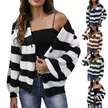 Женская повседневная модная удобная новая контрастная полосатая тканая куртка-свитер с пуговицами M синий