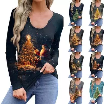 Женская повседневная модная удобная рубашка с длинным рукавом, рождественская елка, U-образный вырез, повседневная свободная футболка, топы XXL