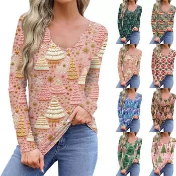 Женская повседневная модная удобная рубашка с длинным рукавом, рождественская елка, U-образный вырез, повседневная свободная футболка, топы XXL