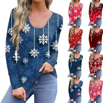 Женская повседневная модная удобная рубашка с длинным рукавом и U-образным вырезом, повседневная свободная футболка, топы XL тёмно-синий