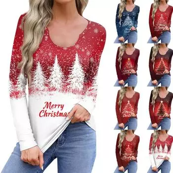 Женская повседневная модная удобная рубашка с длинным рукавом, рождественская елка, U-образный вырез, повседневная свободная футболка, топы S