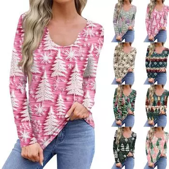 Женская повседневная модная удобная рубашка с длинным рукавом, рождественская елка, U-образный вырез, повседневная свободная футболка, топы L