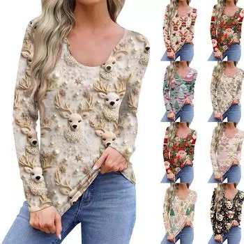 Женская повседневная модная удобная рубашка с длинным рукавом, рождественская елка, U-образный вырез, повседневная свободная футболка, топы XL чёрный