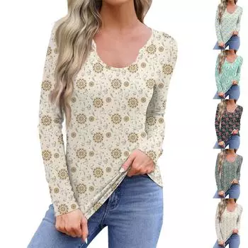 Женская повседневная модная удобная рубашка с длинным рукавом и U-образным вырезом с цветочным принтом, футболка, топы S циан