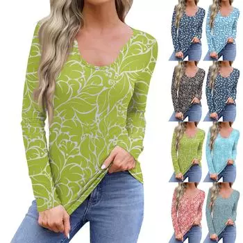 Женская повседневная модная удобная рубашка с длинным рукавом и U-образным вырезом с цветочным принтом, футболка, топы XL