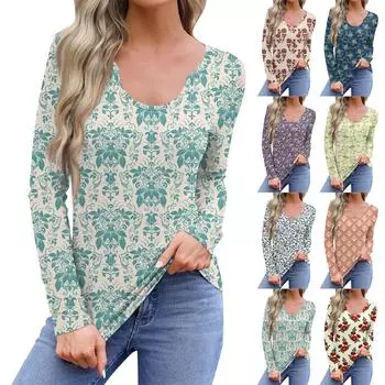 Женская повседневная модная удобная рубашка с длинным рукавом и U-образным вырезом с цветочным принтом, футболка, топы XXXL зелёный