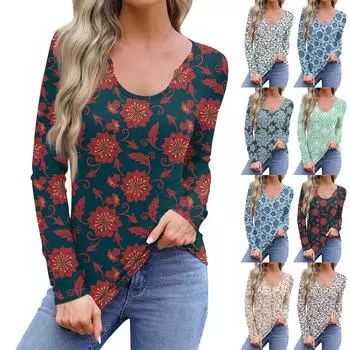 Женская повседневная модная удобная рубашка с длинным рукавом и U-образным вырезом с цветочным принтом, футболка, топы XXXL розовый