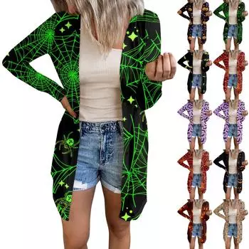 Женская повседневная модная удобная свободная куртка-кардиган с длинным рукавом и принтом на Хэллоуин XXXXXL зелёный