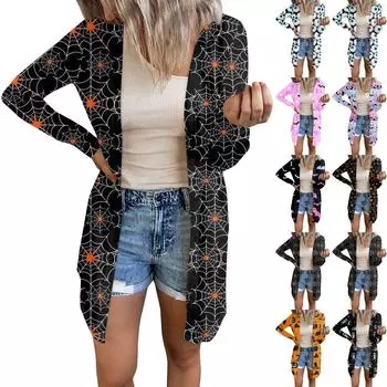 Женская повседневная модная удобная свободная куртка-кардиган с длинным рукавом и принтом на Хэллоуин L жёлтый