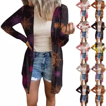 Женская повседневная модная удобная свободная куртка-кардиган с длинным рукавом и принтом на Хэллоуин XXXXXL оранжевый