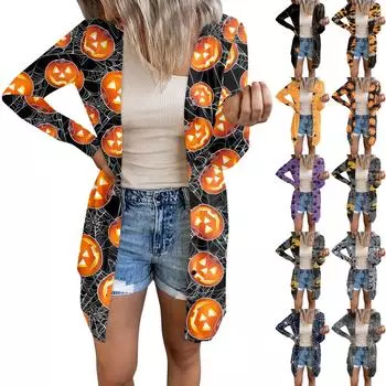 Женская повседневная модная удобная свободная куртка-кардиган с длинным рукавом и принтом на Хэллоуин XL чёрный