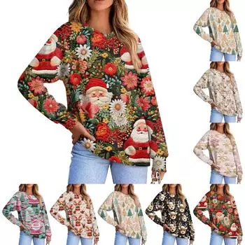 Женская повседневная модная удобная толстовка с рукавом реглан и V-образным вырезом с рождественским принтом XXL