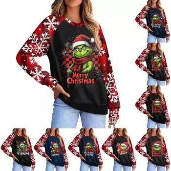 Женская повседневная модная удобная толстовка с рукавом реглан и V-образным вырезом с рождественским принтом XXXL чёрный