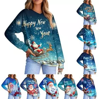 Женская повседневная модная удобная толстовка с рукавом реглан и V-образным вырезом с рождественским принтом L