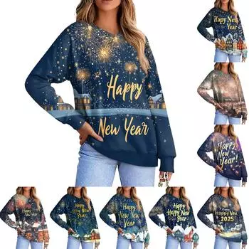 Женская повседневная модная удобная толстовка с рукавом реглан и V-образным вырезом с рождественским принтом XXXL синий