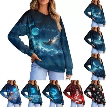 Женская повседневная модная удобная толстовка с рукавом реглан и V-образным вырезом с рождественским принтом XXXL циан