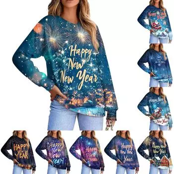 Женская повседневная модная удобная толстовка с рукавом реглан и V-образным вырезом с рождественским принтом L тёмно-синий