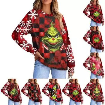 Женская повседневная модная удобная толстовка с рукавом реглан и V-образным вырезом с рождественским принтом XXXL