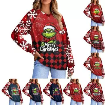 Женская повседневная модная удобная толстовка с рукавом реглан и V-образным вырезом с рождественским принтом XL