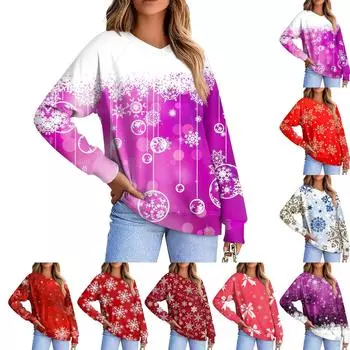 Женская повседневная модная удобная толстовка с рукавом реглан и V-образным вырезом с принтом рождественских снежинок XL