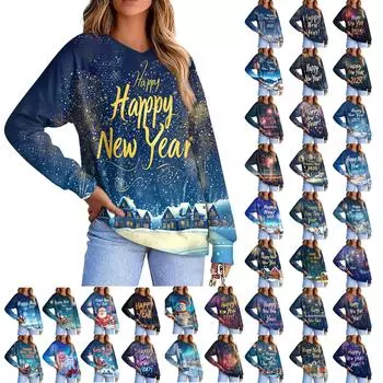 Женская повседневная модная удобная толстовка с рукавом реглан и V-образным вырезом с рождественским принтом XXL синий