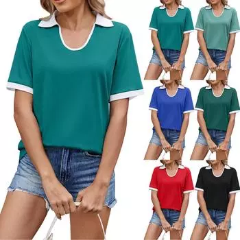 Женская повседневная модная универсальная контрастная цветная футболка с коротким рукавом и лацканами L чёрный