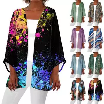 Женская повседневная модная винтажная легкая куртка средней длины с графическим принтом, кардиган L чёрный