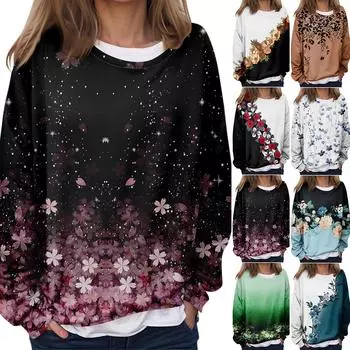 Женская повседневная модная винтажная печатная толстовка с длинным рукавом и круглым вырезом, многослойный пуловер L