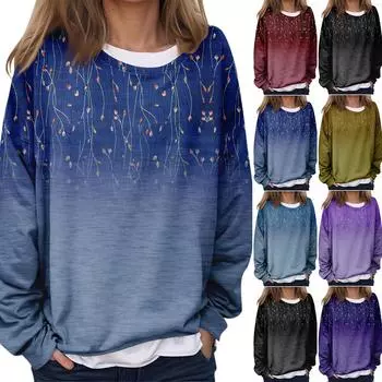Женская повседневная модная винтажная печатная толстовка с длинным рукавом и круглым вырезом, многослойный пуловер XXL